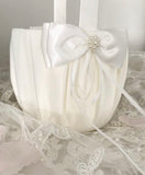 Wedding Ivory Satin Flower Girl Basket Optional Matching Ring Bearer Pillow Set