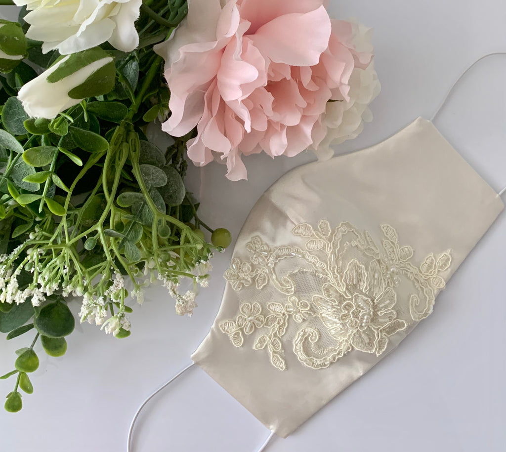 Ivory Satin Bridal Mask w/Lace Appliqué