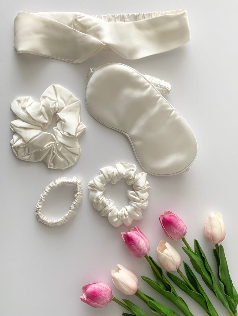 Luxury Gift Set - Pure Mulberry Silk - Eye Mask 3 Size Scrunchies Headband + Bonus Mesh Laundry Bag w/zipper