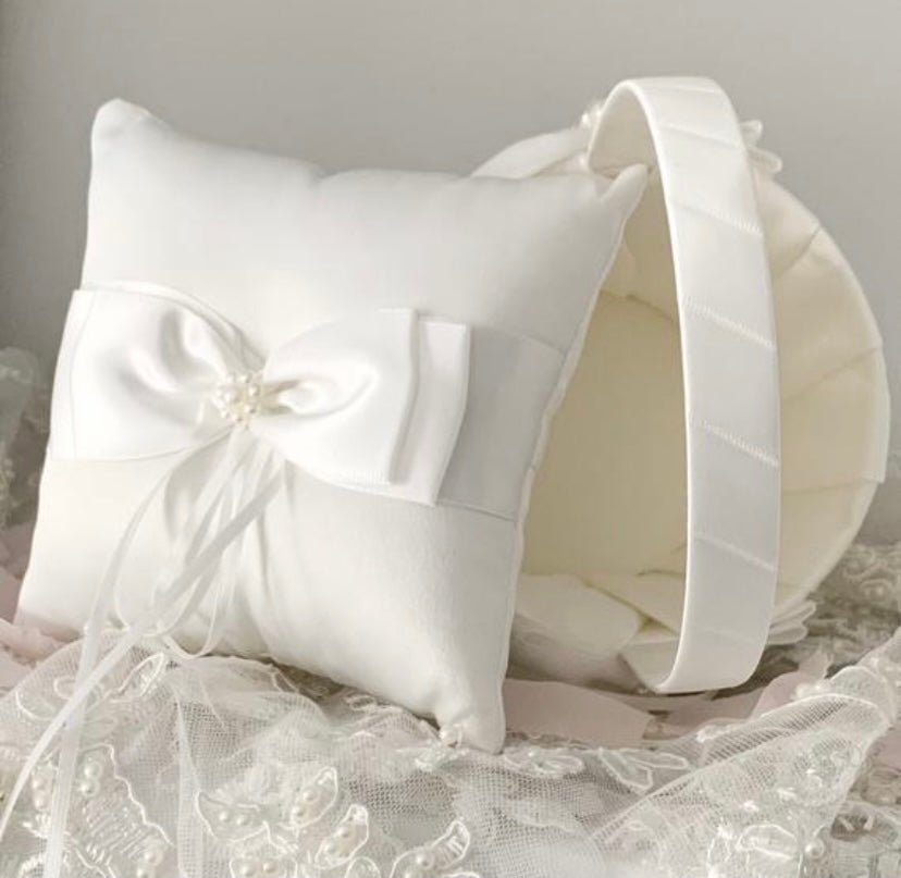 Wedding Ivory Satin Flower Girl Basket Optional Matching Ring Bearer Pillow Set